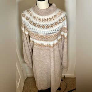 NWT Fair Isle women’s XXL sweater dress tan,cream, & dash of blue/gray GORGEOUS